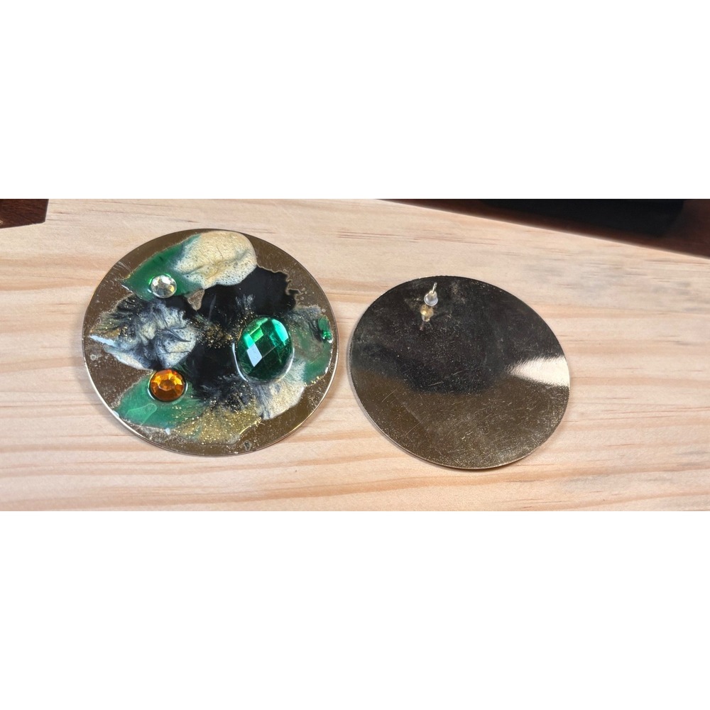 Art Deco Statement Earrings Womens Bold Green Gold Good Abstract Resin Oversized - Picture 2 of 7